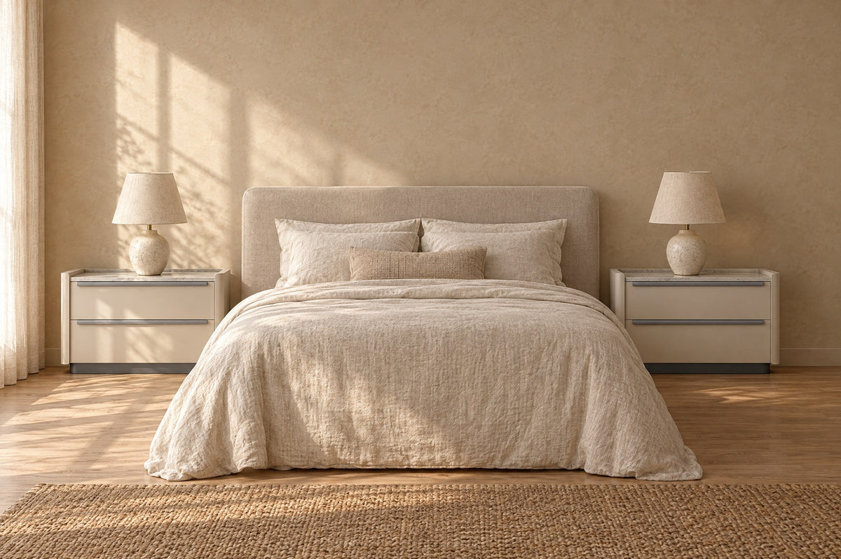 Pair of wide cream bedside tabless with marble-effect top on each side of a double bed