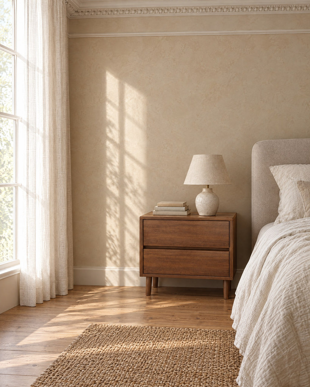 Wide walnut-effect bedside table beside a linen bed in a bright British bedroom with a sash window