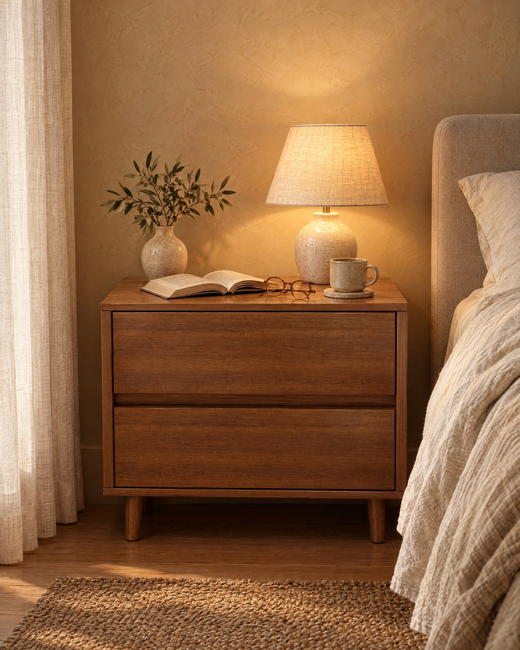 Wide walnut-effect bedside table with a lamp switched on, an open book and reading glasses in the evening