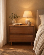 Wide walnut-effect bedside table with a lamp switched on, an open book and reading glasses in the evening
