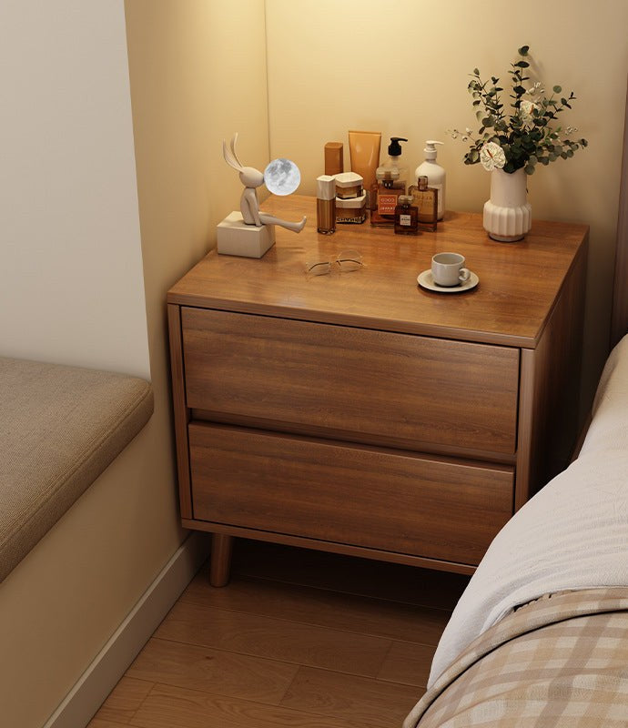 Wide walnut-effect bedside table, front view