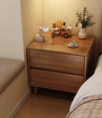 Wide walnut-effect bedside table, front view