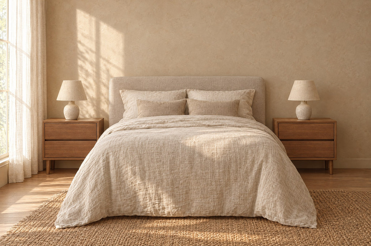 Pair of wide walnut-effect bedside tables on each side of a double bed