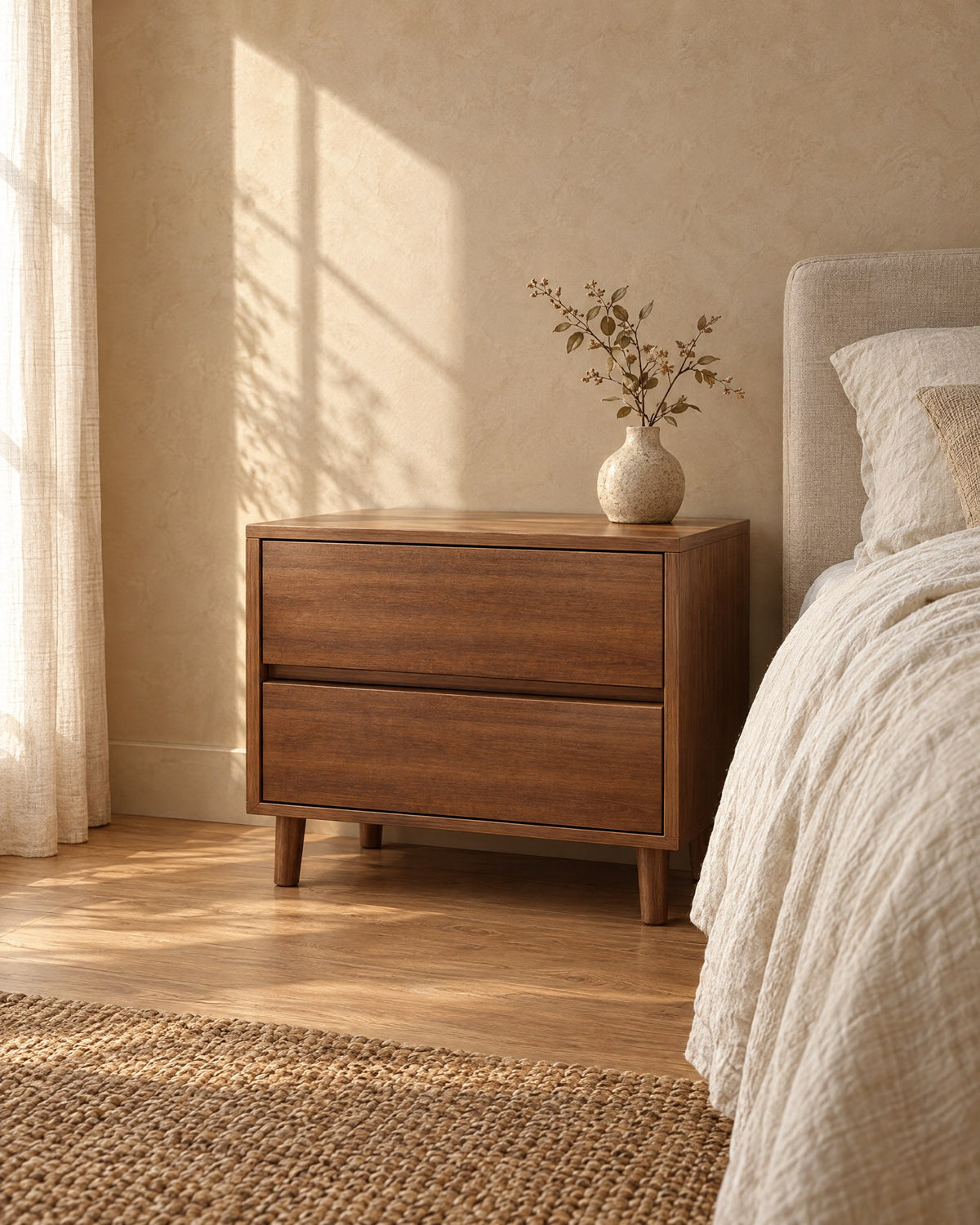 Wide walnut-effect bedside table standing beside a bed with linen bedding