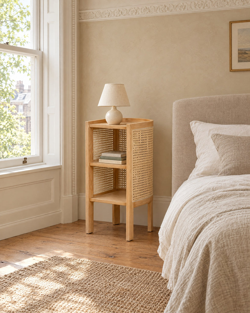 Wooden cane bedside table beside a linen bed in a British bedroom with a sash window