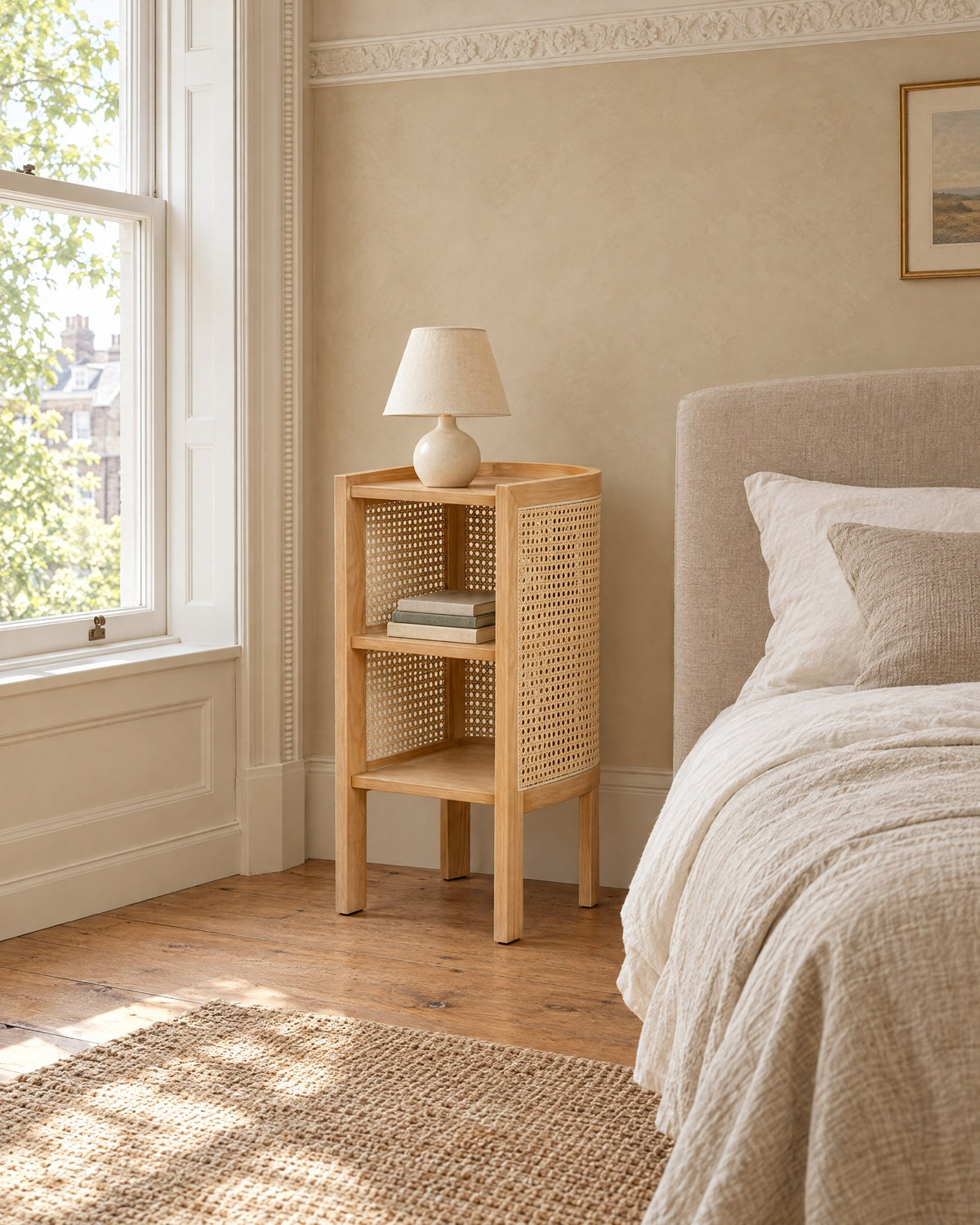 Wooden cane bedside table beside a linen bed in a British bedroom with a sash window