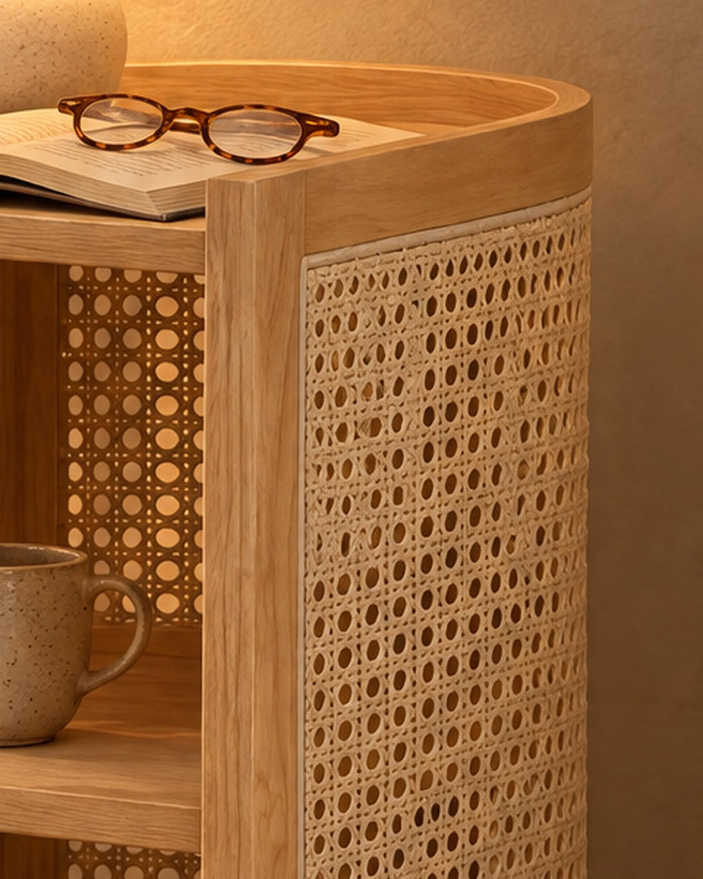 Close-up of the woven cane panel and the raised lip of the top tray