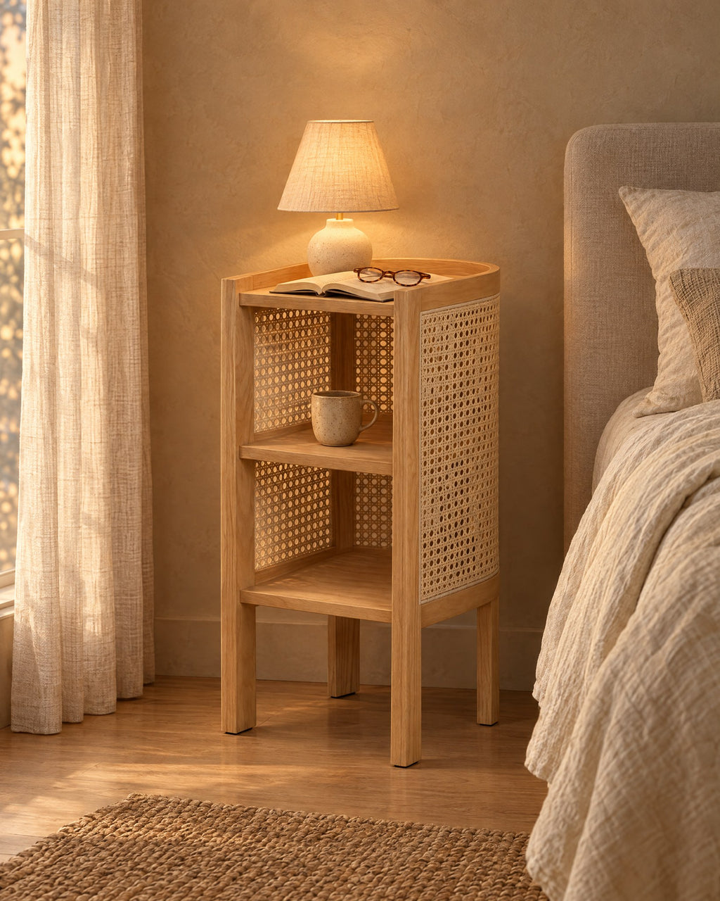 Wooden bedside table with woven cane panels and open shelves, lamp switched on in the evening