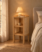 Wooden bedside table with woven cane panels and open shelves, lamp switched on in the evening