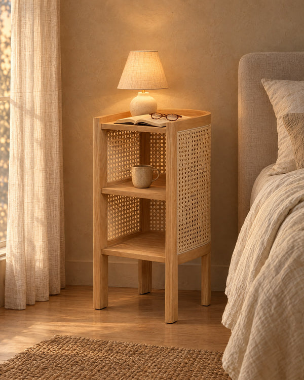 Wooden Cane Bedside Table with Open Shelves