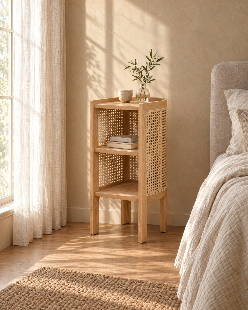 Wooden cane bedside table with open shelves in morning light