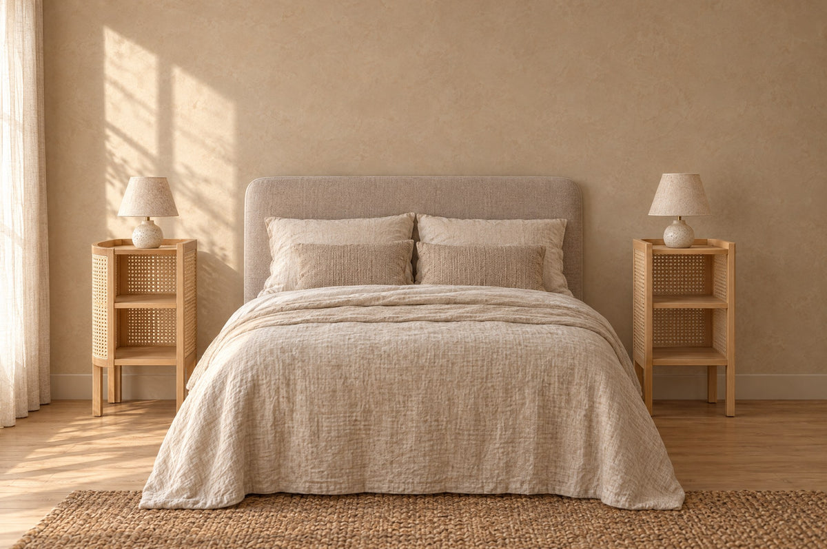 Pair of wooden cane bedside tables on each side of a double bed