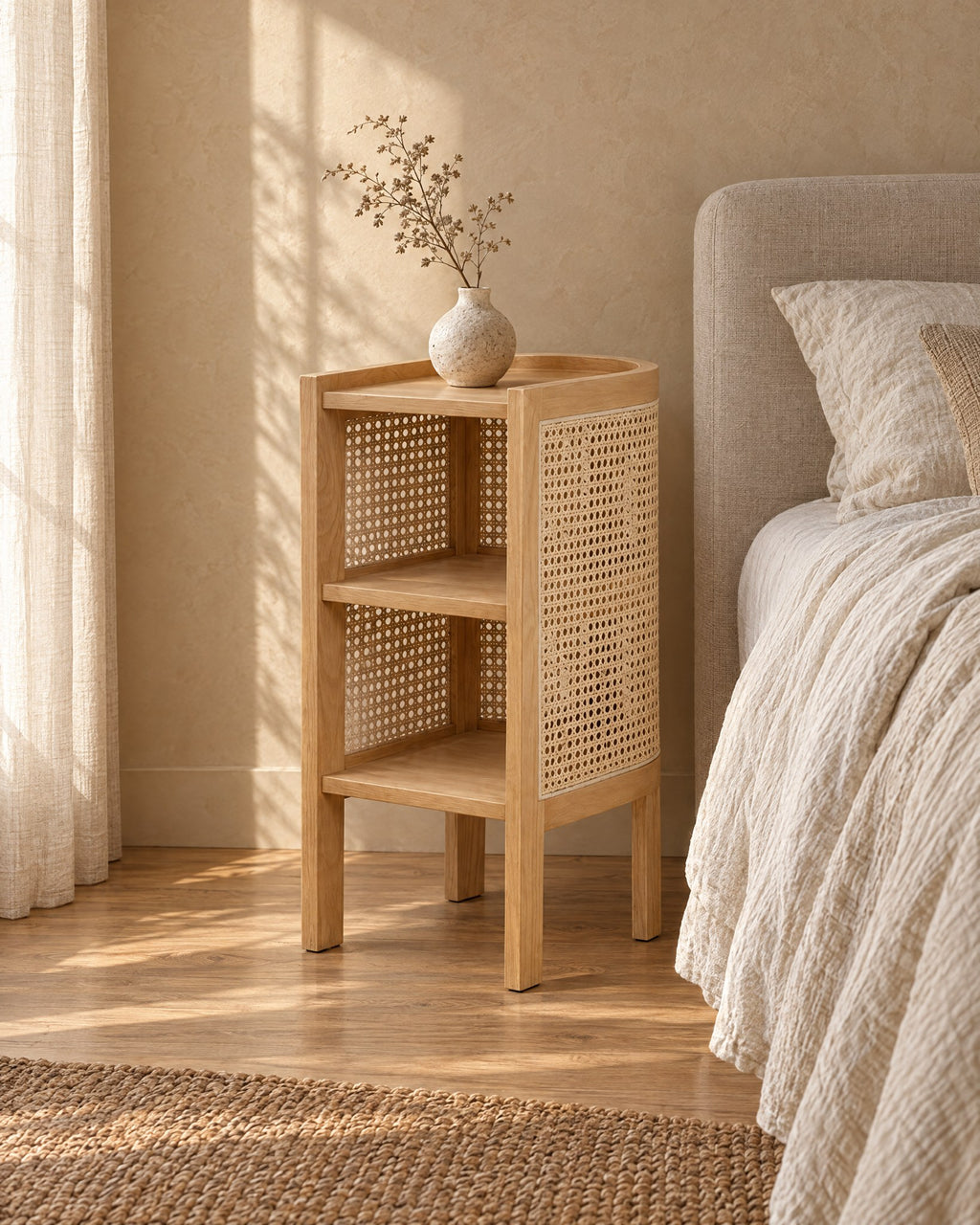 Three-quarter view of the wooden cane bedside table showing its curved cane side