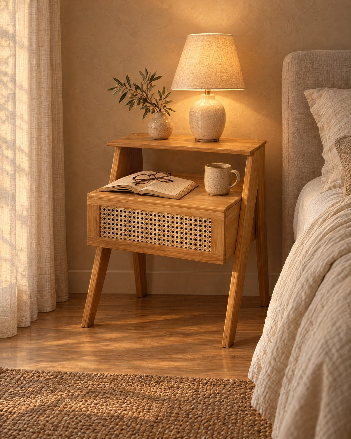 Wooden bedside table with a rattan drawer and step shelf, a lamp switched on and an open book in the evening