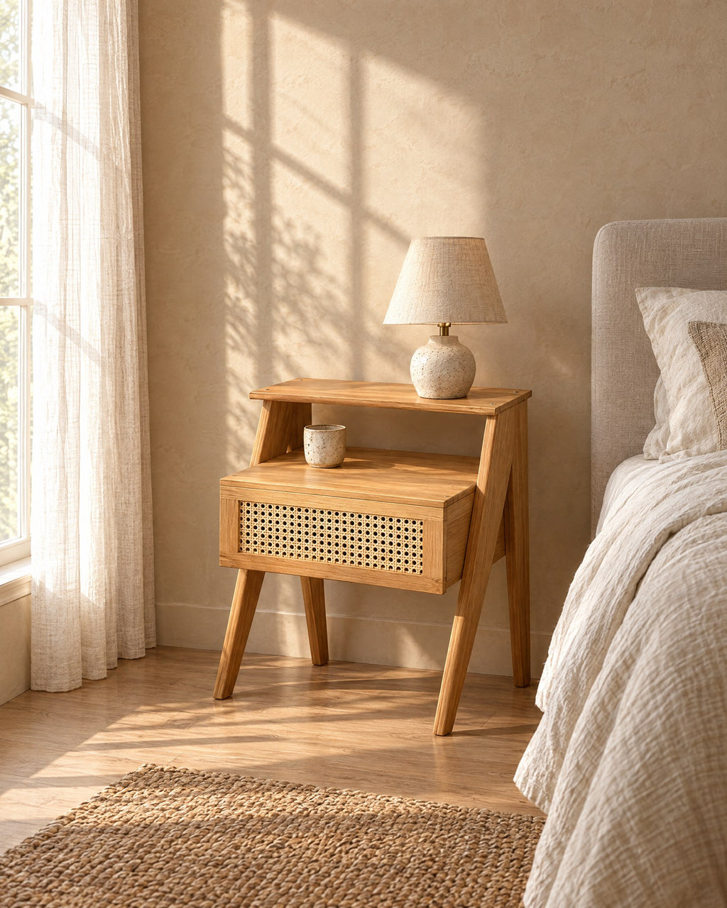 Natural wood bedside table with a rattan drawer in morning light