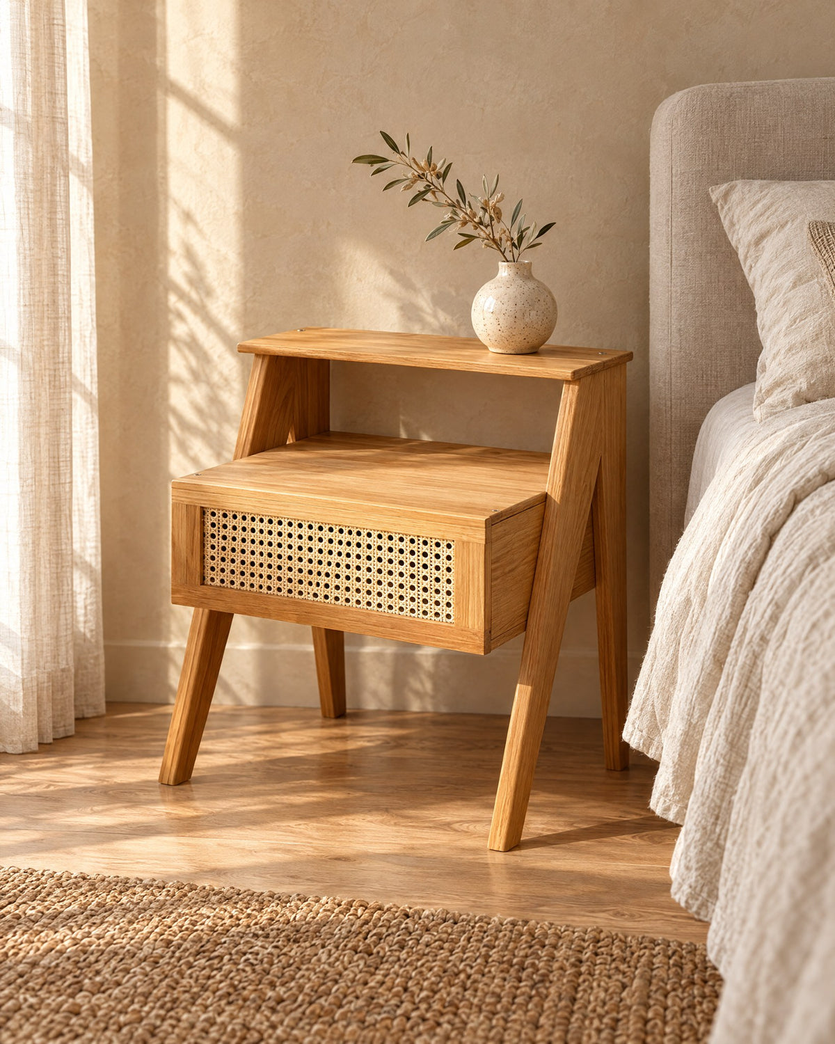 Three-quarter view of the wooden bedside table showing its two levels and angled legs